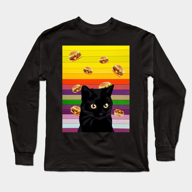 Black cat and burgers, Black cat collage art Long Sleeve T-Shirt by reesea